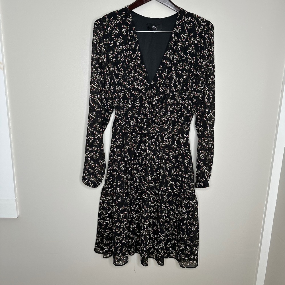 MIST Women's  Black Floral Print Long Sleeve V‎ Neck Wrap Midi Dress Size 50